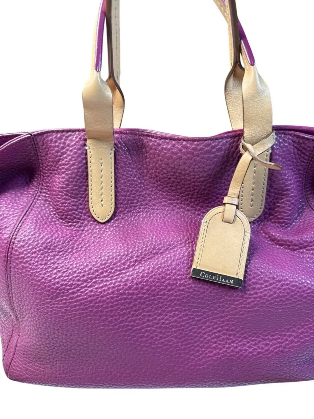 Cole Haan Purple Leather Tote Bag With Cream Interior & Tan Handles 12